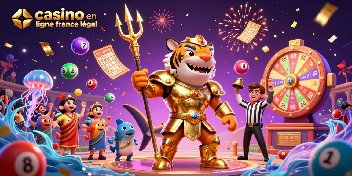 Illustration dynamique de casino en ligne France légal, mettant en valeur des jeux avec un requin tigre et une ambiance festive.