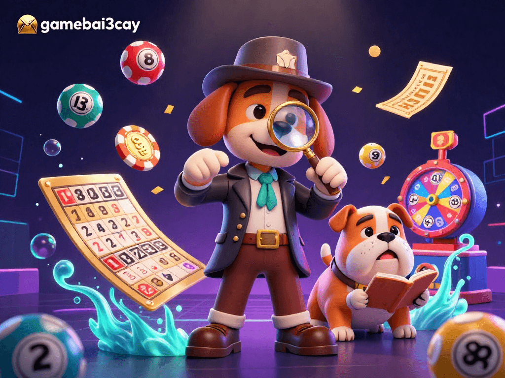 Engage with gamebai3cay as a detective discovers hidden poker chips amid colorful lottery elements.