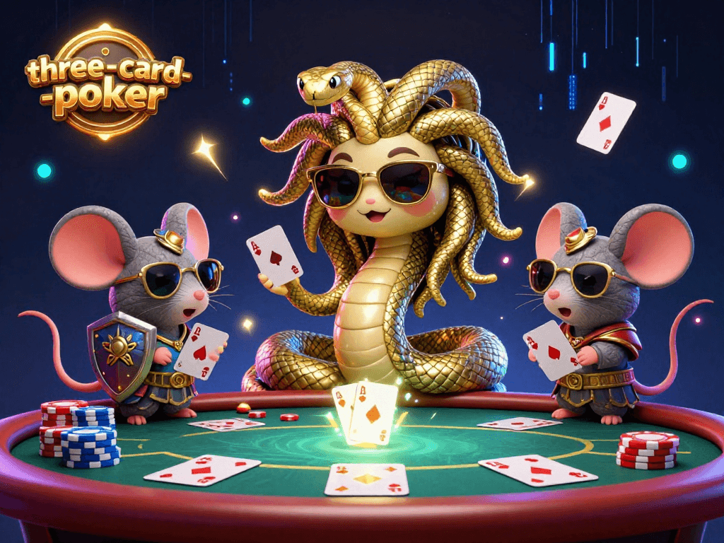 Experience the thrill of three-card-poker with friendly characters and vibrant casino elements.