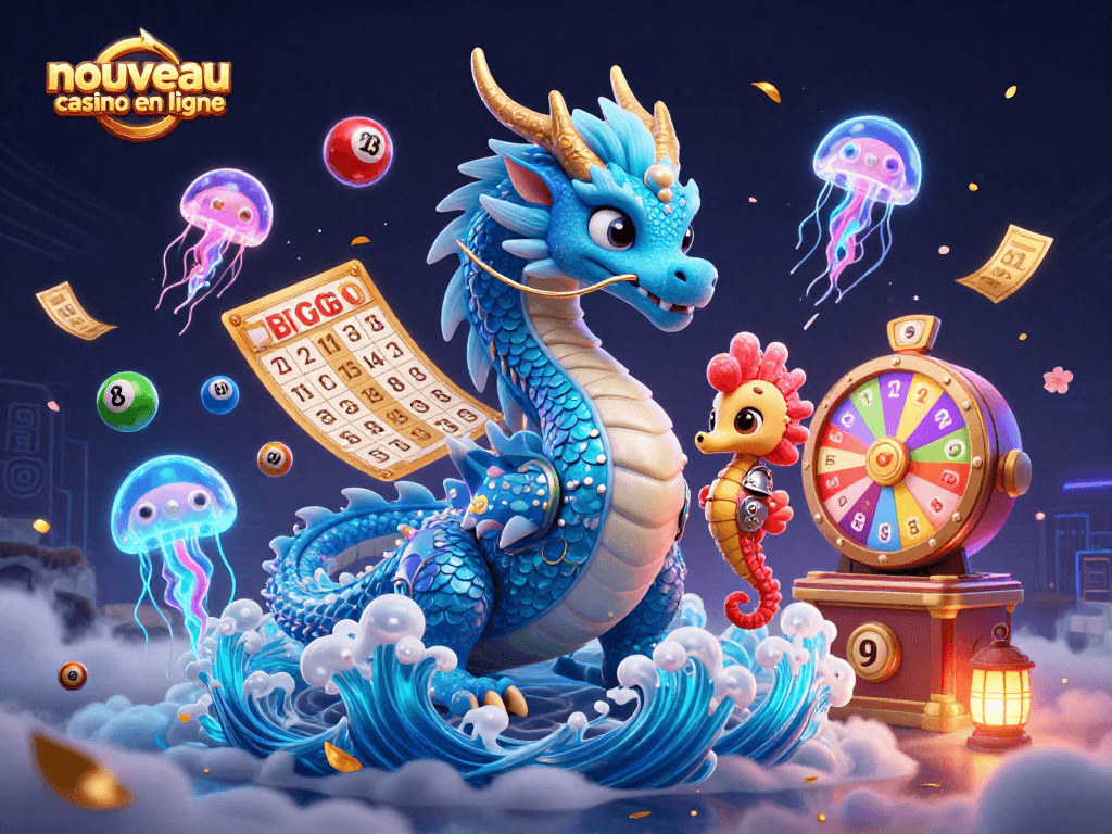 Nouveau casino en ligne : scène animée avec un dragon aquatique, un chevalier et des éléments de loterie.