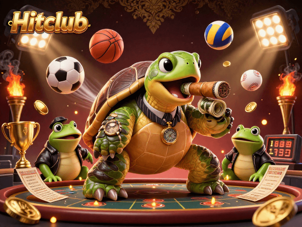 Join Hitclub with a lively scene featuring a snapping turtle in a suit and sports elements in a vibrant casino.