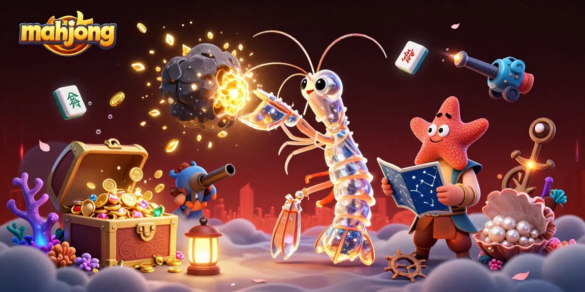 Engage in mahjong excitement with a galactic shrimp hero surrounded by vibrant casino treasures.