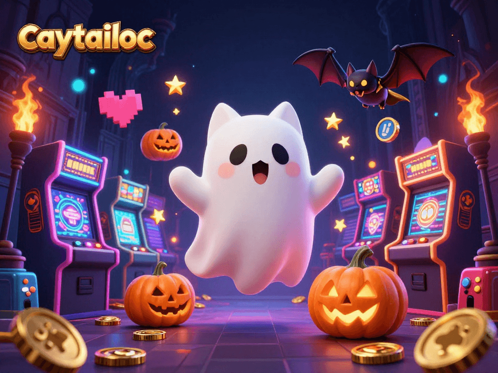 Engage with caytailoc, where a ghost cat and bat navigate thrilling slot machines in a haunted casino.