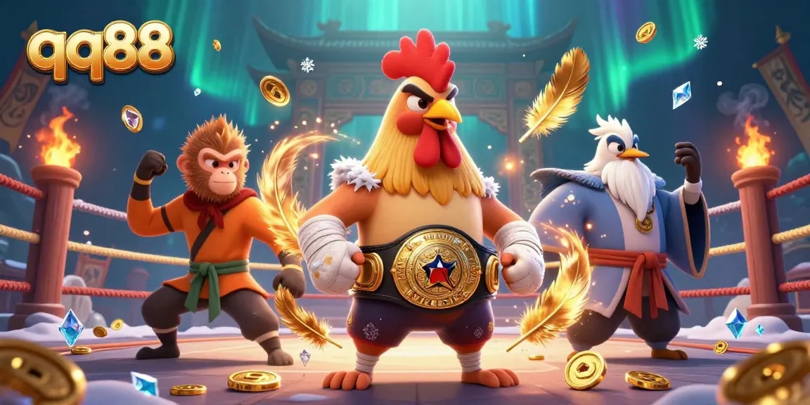 Engage with qq88's vibrant casino experience through a dynamic illustration of a Muay Thai rooster, Shaolin monkey, and crane master.