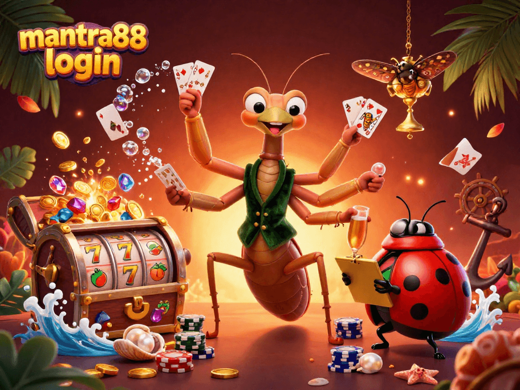 Experience thrilling gameplay with mantra88 login featuring a giant mantis dealer and vibrant slot elements.