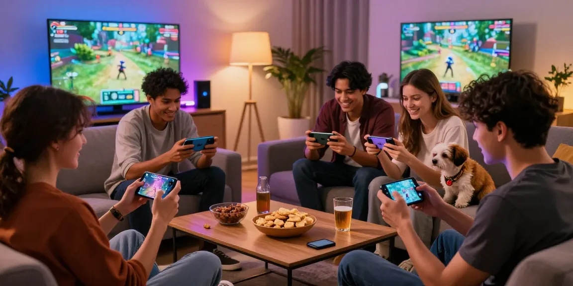 Friends enjoying gaming on CIKA4D application in a cozy living room atmosphere.