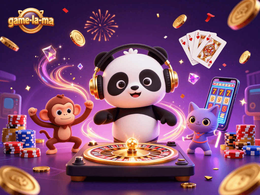 Join the fun at game-la-ma with a lively 3D casino scene featuring engaging characters and dynamic casino elements.