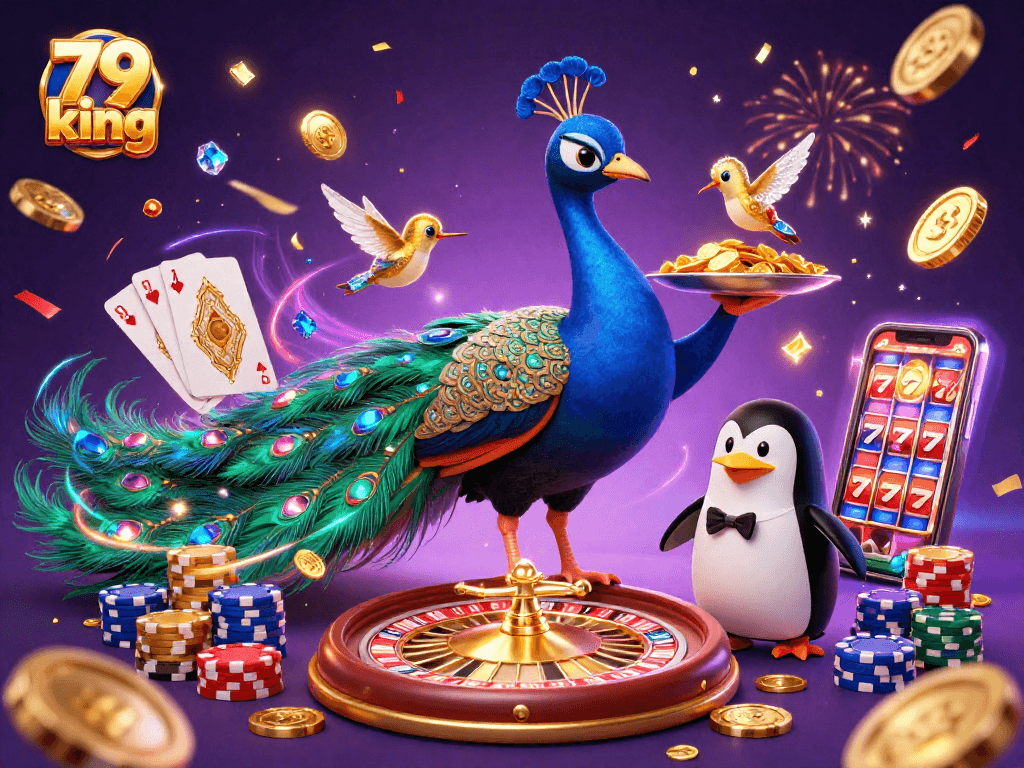 Experience the excitement of 79 king with a vibrant casino scene featuring a majestic peacock, coins, and chips.