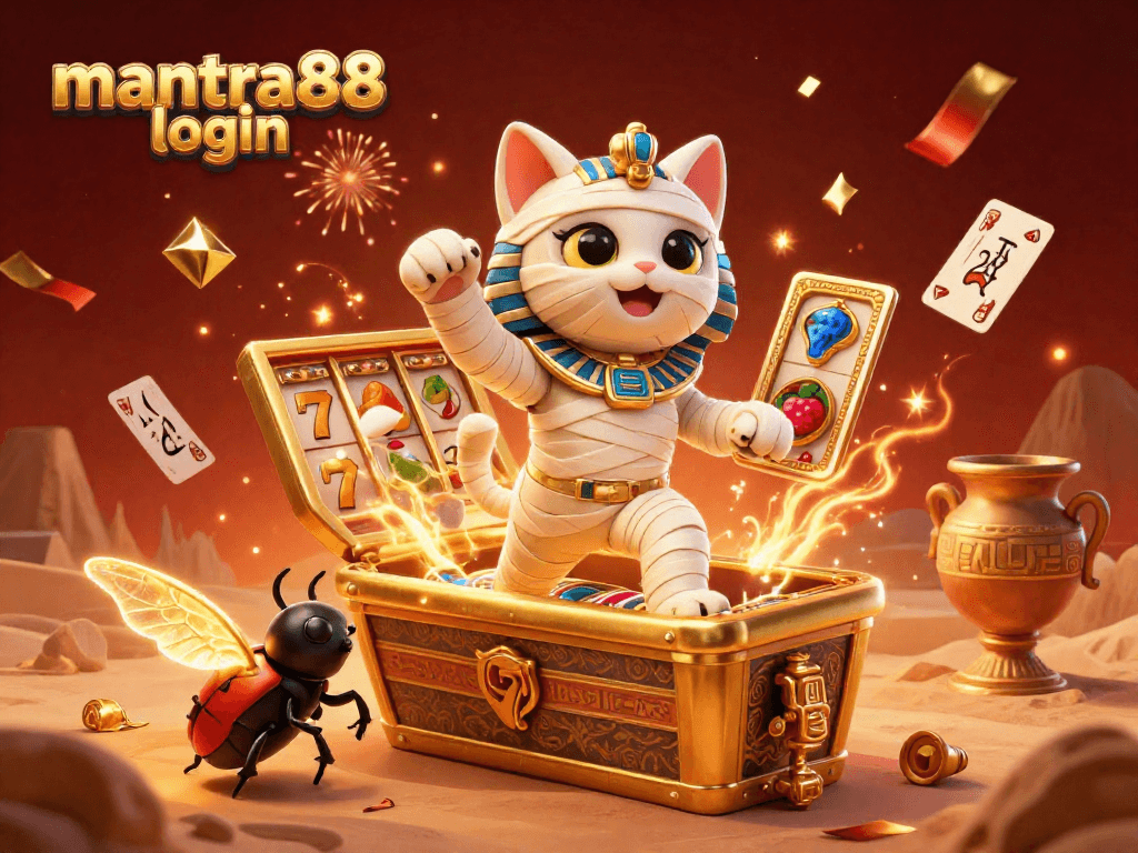 Experience thrilling gaming with mantra88 login in a vibrant casino scene featuring a mummy cat and glowing scarab.