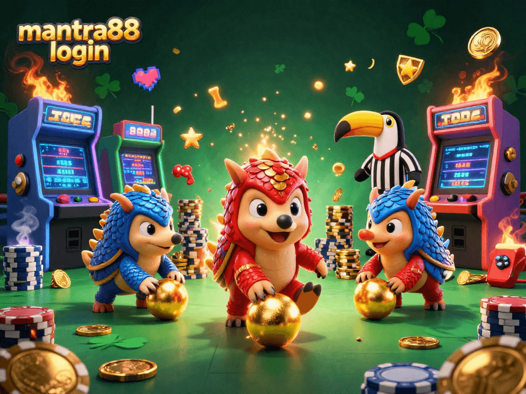 Experience the excitement of mantra88 login with colorful pangolins in an immersive casino scene.