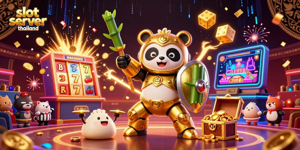 Experience thrilling wins at slot server thailand with a vibrant 3D panda mech suit illustration showcasing exciting jackpot games.