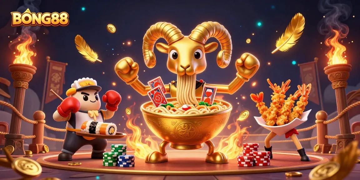 BONG88 showcases an energetic 3D illustration with a golden ramen bowl dealer and lively casino elements.