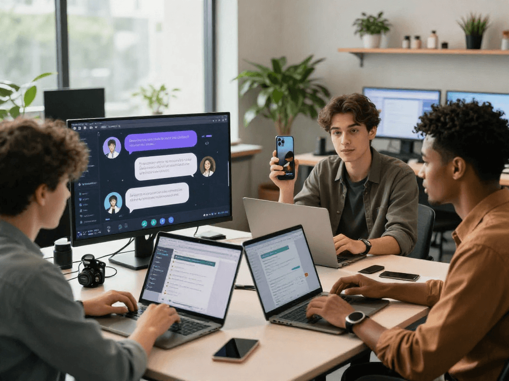Diverse group engaging in discussions about spicy chat AI in a modern tech workspace.