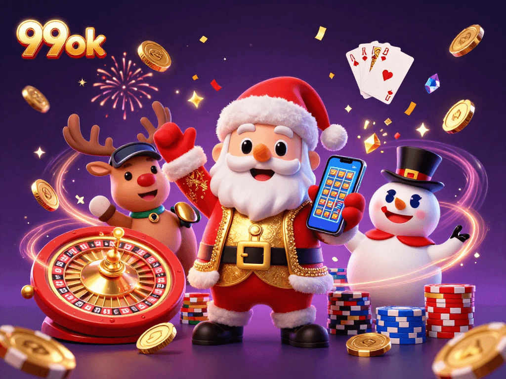 Experience the excitement with 99ok casino-themed illustration showcasing Santa and friends celebrating jackpots.