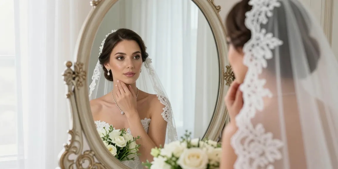 Trucco sposa luminoso e naturale mentre la sposa si prepara davanti allo specchio.