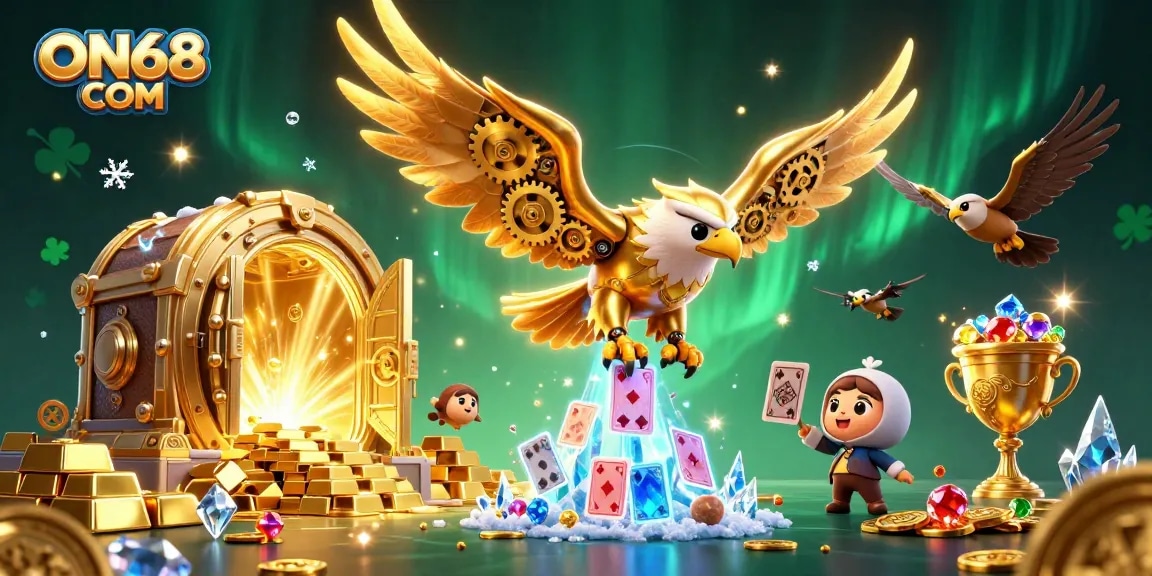 Experience thrilling gameplay at ON68 COM with a dynamic 3D illustration showcasing a cybernetic eagle and treasures.