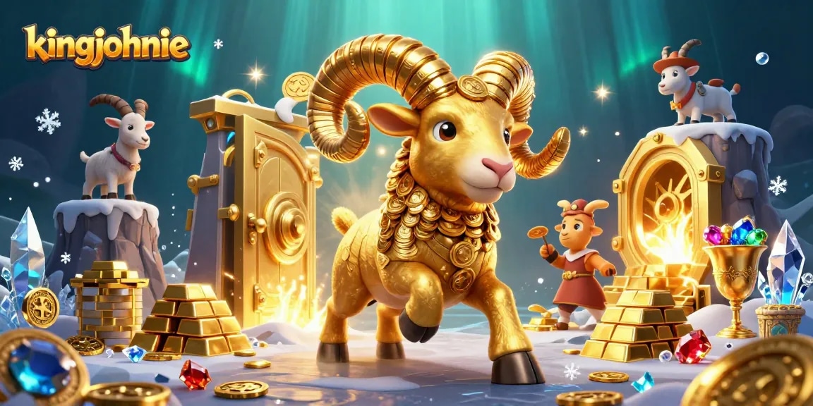Experience the thrilling action at kingjohnnie casino with a golden ram charging through treasures.