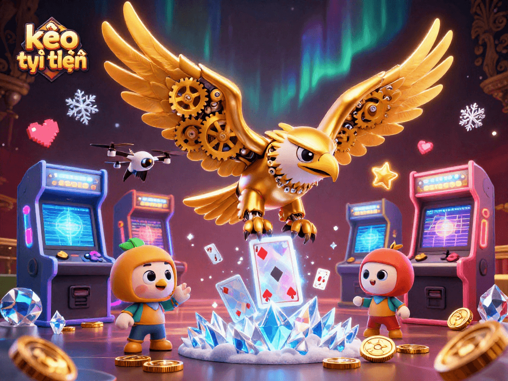 Experience dynamic kèo trực tuyến action with an eagle soaring through glowing game elements.