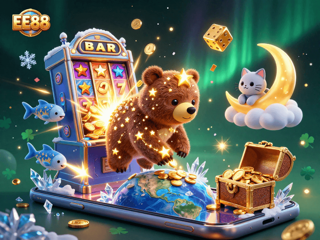 Engage with EE88's exciting jackpot gaming features in a vibrant, colorful 3D casino scene.
