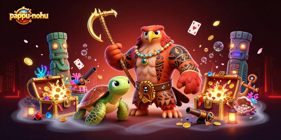 Pappu-nohu game showcases thrilling gameplay with vibrant animated Polynesian-themed characters amidst treasure-filled underwater scenes.