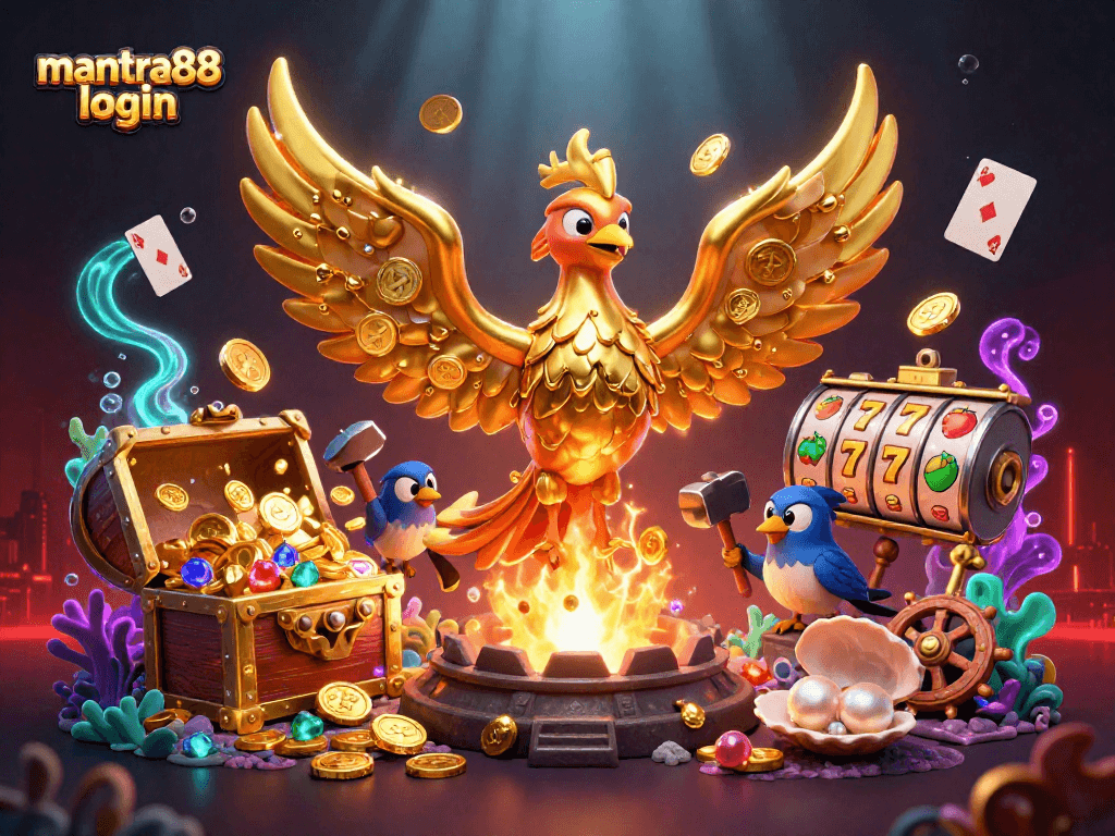 Experience the excitement of mantra88 login with this vibrant 3D casino illustration featuring a golden phoenix.