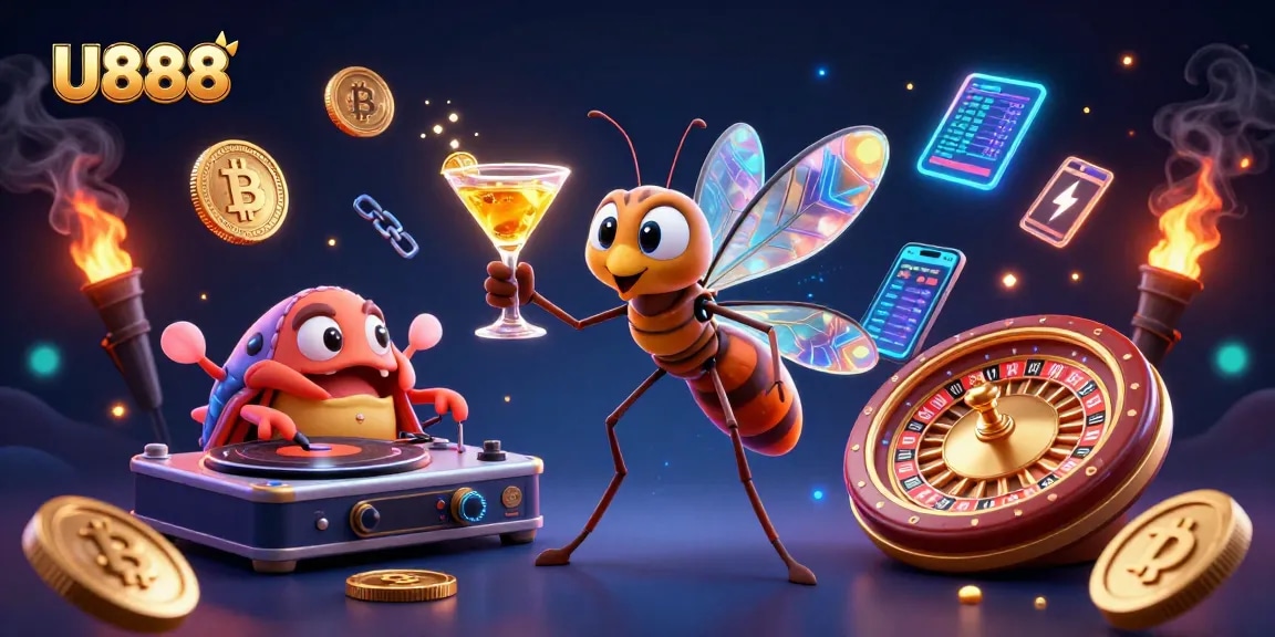 Experience thrilling gameplay at U888 with a vibrant 3D casino illustration featuring unique characters.