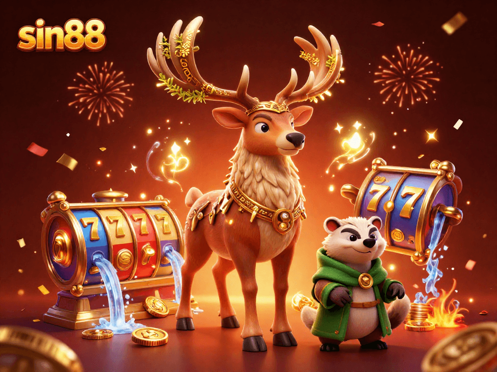 Experience thrilling gaming adventures at sin88 with vibrant slot reels and festive atmosphere.