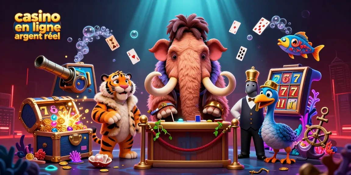Jouer dans un casino en ligne argent réel avec l'entrée animée contrôlée par un mammouth et des personnages colorés.