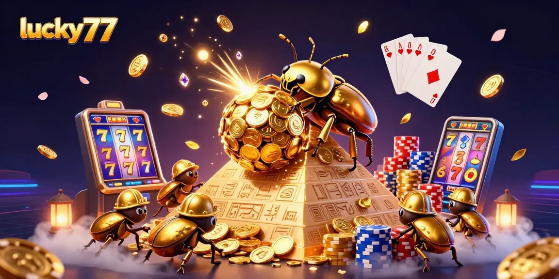 Experience luck at lucky77 with golden beetles and vibrant slot elements in this captivating scene.