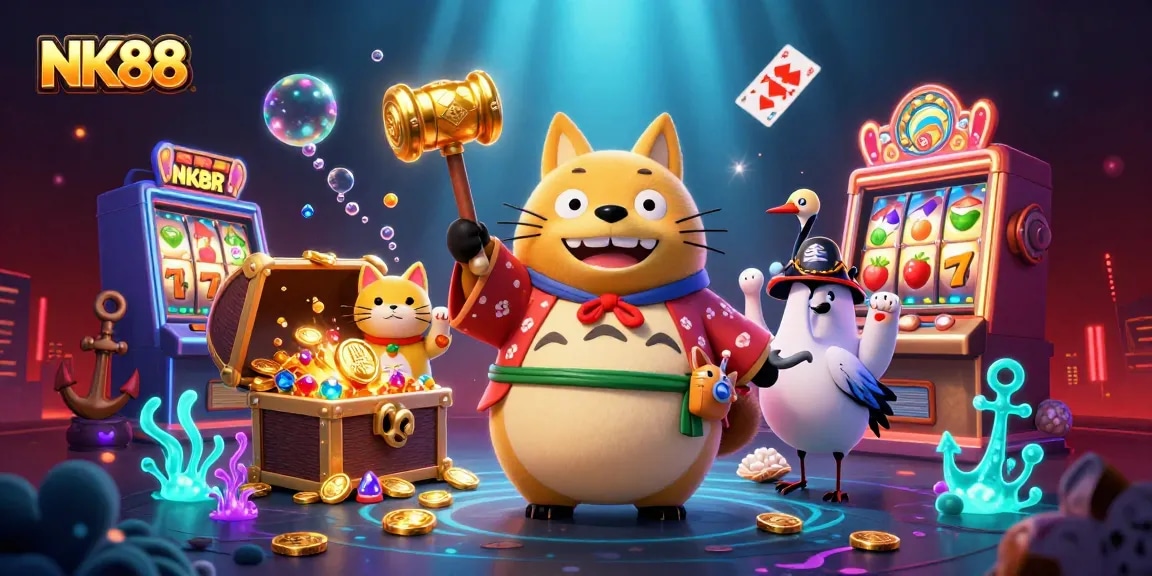 Spin and win with NK88 as the cheerful tanuki and friends celebrate casino luck amid dazzling treasures.