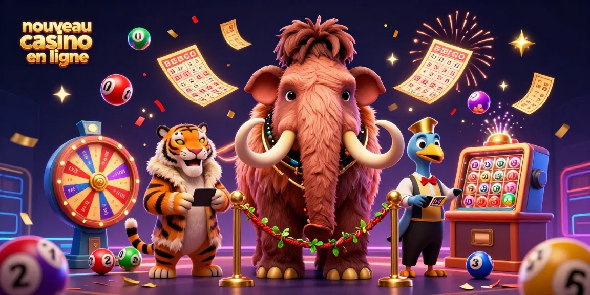 Illustration vibrante de nouveau casino en ligne avec des personnages animés et des éléments de jeu excitants.
