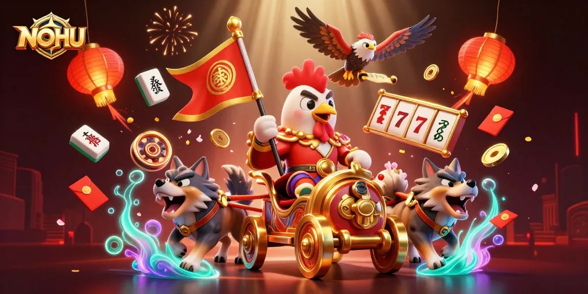 Experience thrilling gameplay with NOHU's epic rooster warlord, golden chariot, and dynamic casino elements.