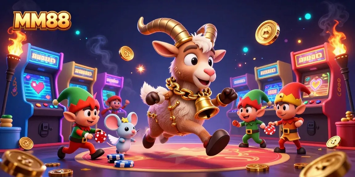 Experience thrilling gameplay at MM88 with a festive casino scene featuring Krampus and mischievous elves.