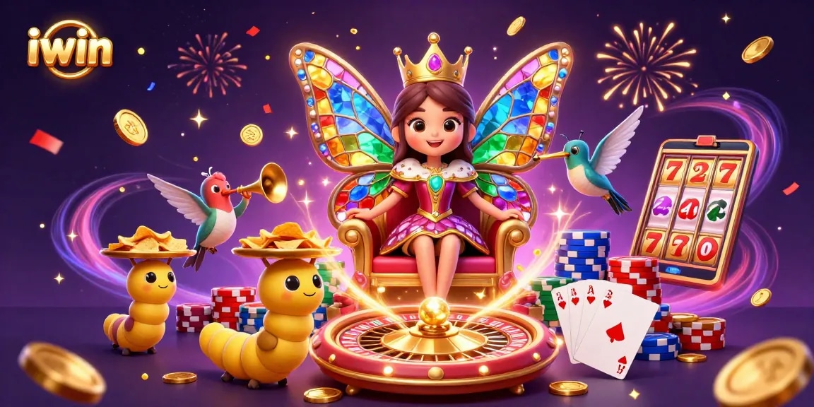 iwin showcases a vibrant casino scene featuring a butterfly queen and dynamic game elements.