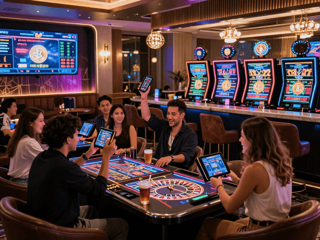 Exciting crypto casino gaming scene with friends celebrating jackpot in modern lounge.