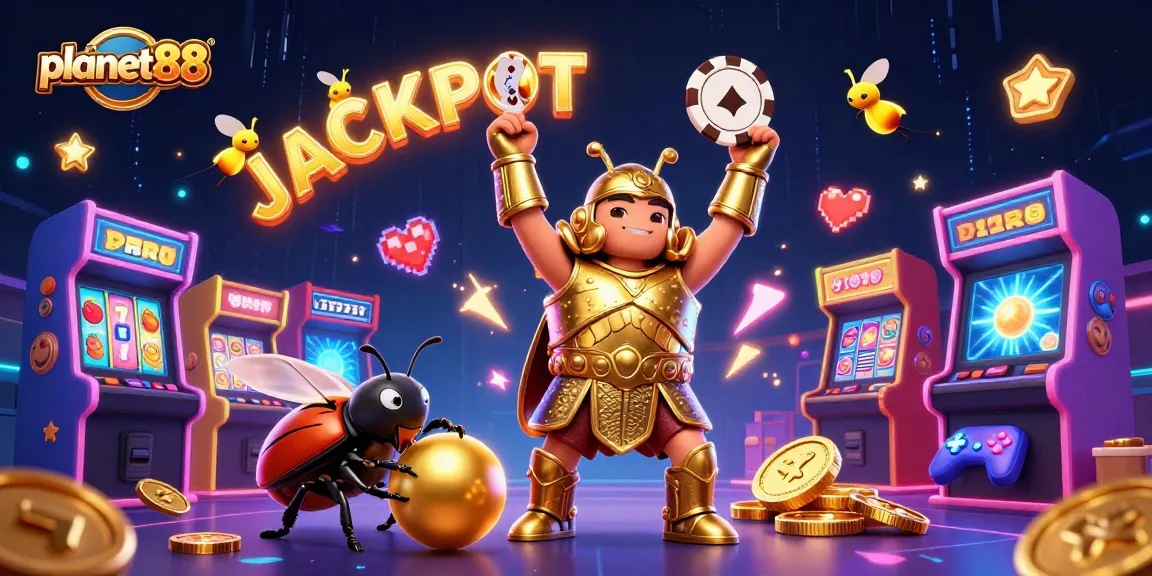 Experience the thrill of planet88 with a victorious hercules beetle in a dynamic casino scene featuring slot reels and gaming elements.