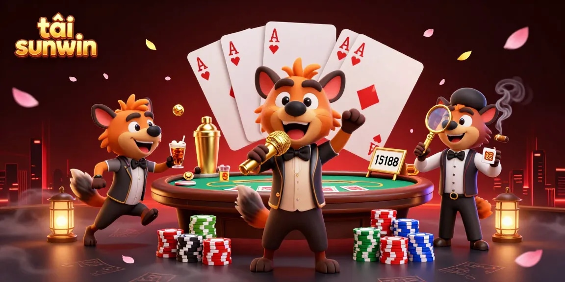 Tải sunwin and enjoy a lively casino scene with hyenas as characters in a vibrant setup