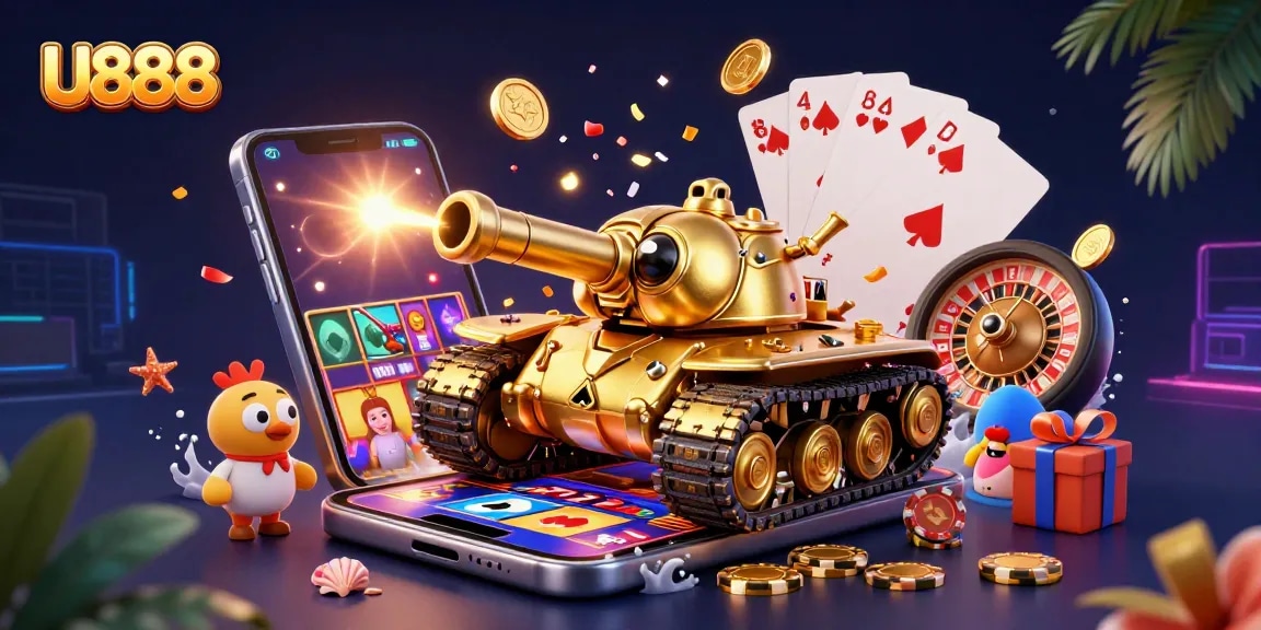 U888 presents a vibrant 3D illustration featuring a golden beetle tank casino, showcasing a lively gaming atmosphere.