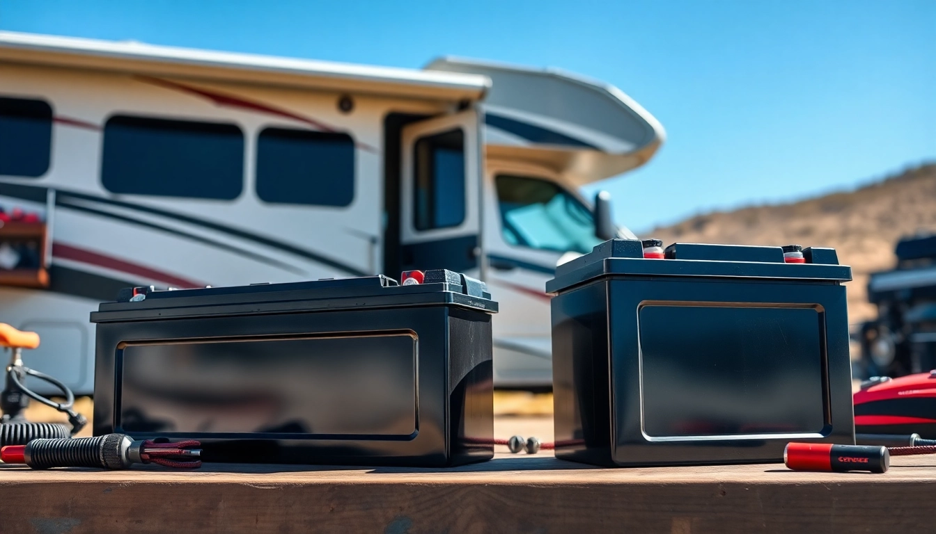 Showcase of lithium RV batteries highlighting their sleek design and installation setup outdoors.
