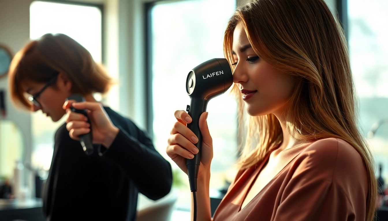 Stylist using Laifen hair dryer for a salon-quality finish, showcasing its design.
