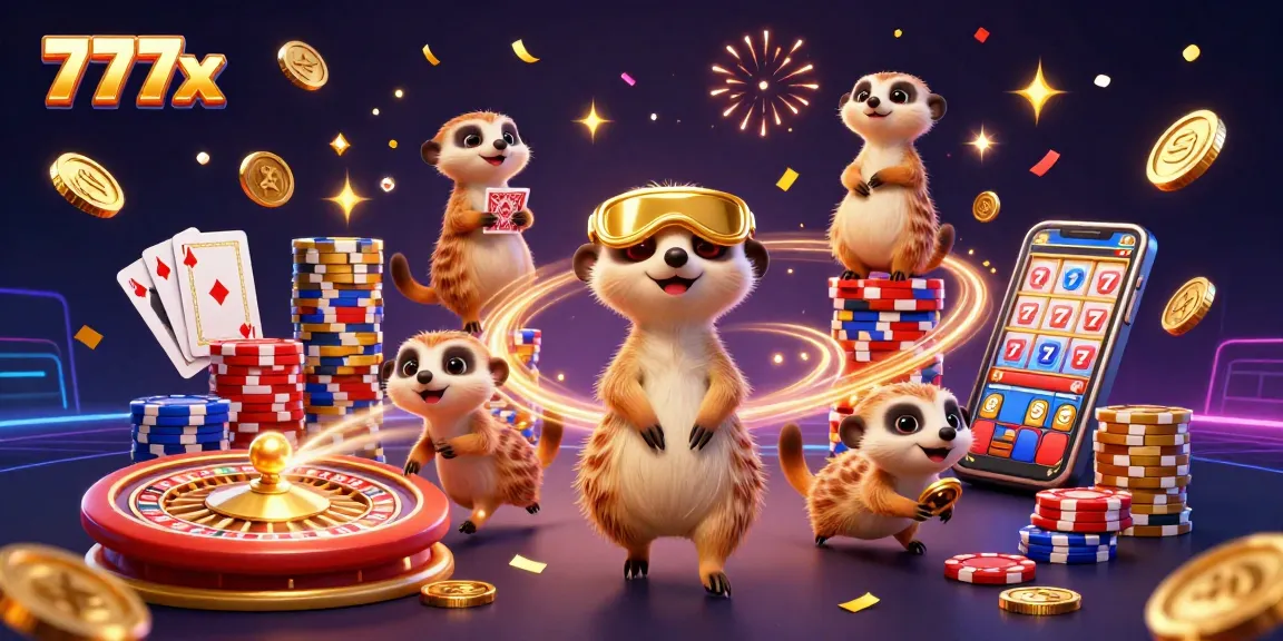 Experience the vibrant casino action at 777x with a playful meerkat casino scene featuring dazzling treasures.