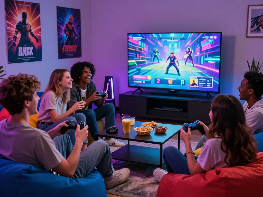 Friends enjoying sex games on a large screen, showcasing interactive fun atmosphere.