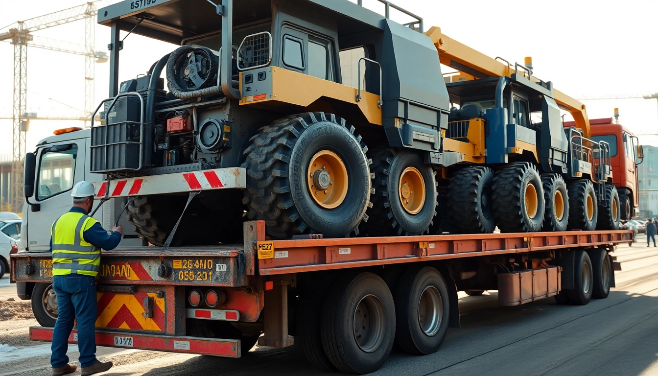 Demonstrating equipment transport with heavy machinery secured on a flatbed truck.