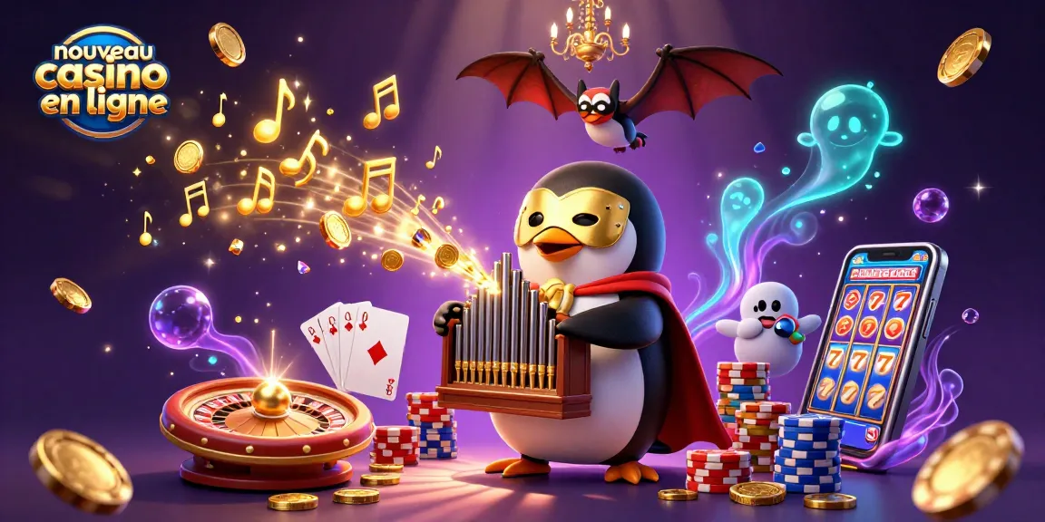 Jouez sur un nouveau casino en ligne avec ce visuel captivant d'un pingouin musicien et des éléments de jeux
