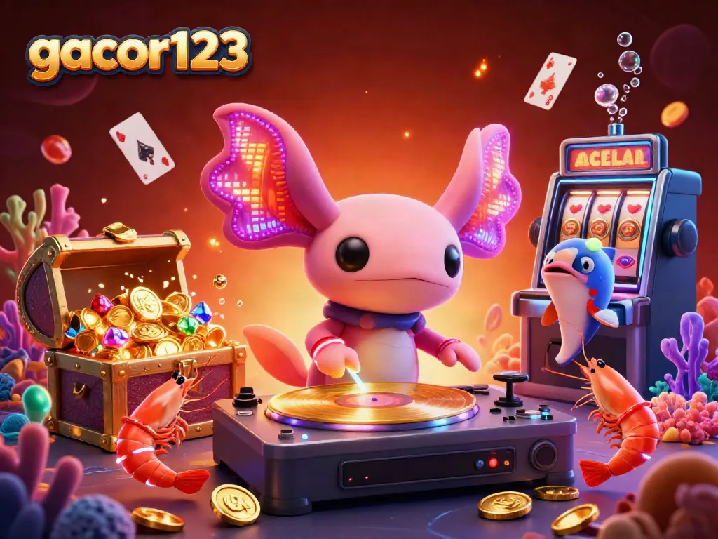 Experience thrilling gameplay with gacor123 in a vibrant underwater casino scene featuring a DJ axolotl.
