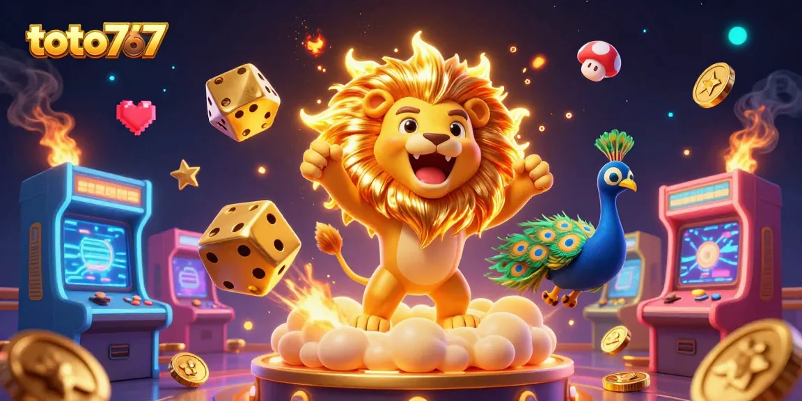 Menangkan permainan di toto767 dengan ilustrasi kasino cerah yang menampilkan karakter kartun 3D.