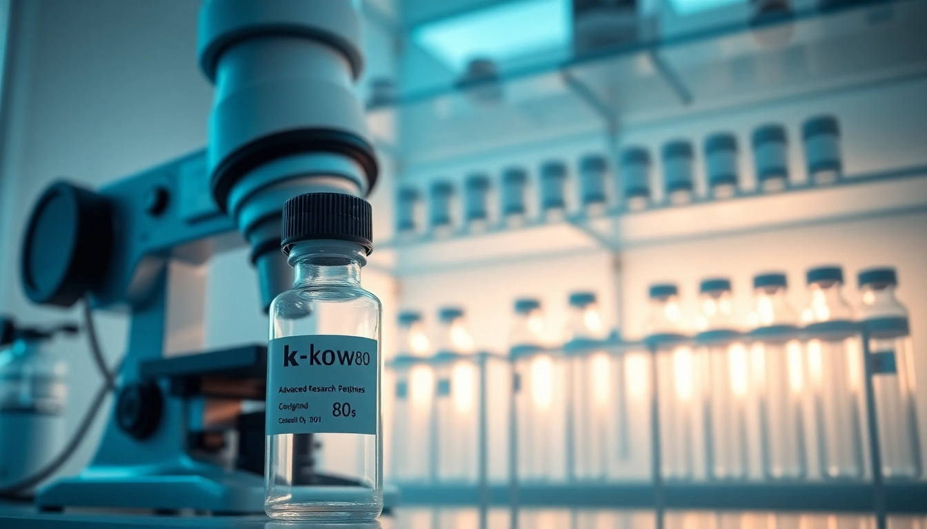 Research lab with klow 80 vial and advanced peptide compounds on display.