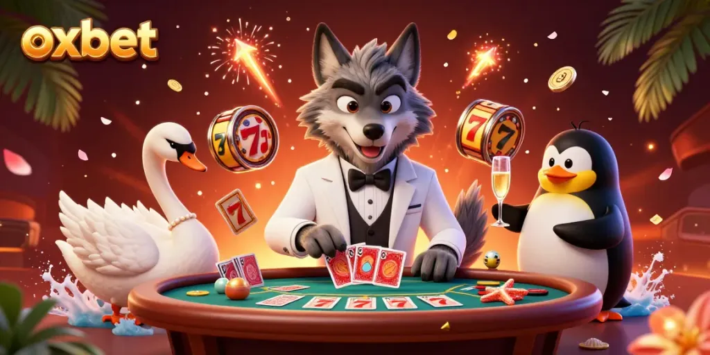 Play exciting slot games at OXBET with a vibrant 3D illustration of characters enjoying the casino experience.