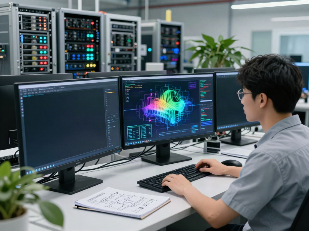 AI inference metrics displayed in a modern AI factory with technicians monitoring GPU performance.