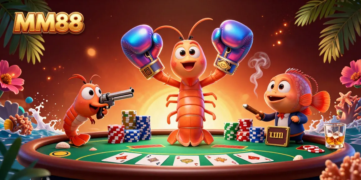 MM88 showcases a vibrant casino scene with a mantis shrimp, poker chips, and winning cards.